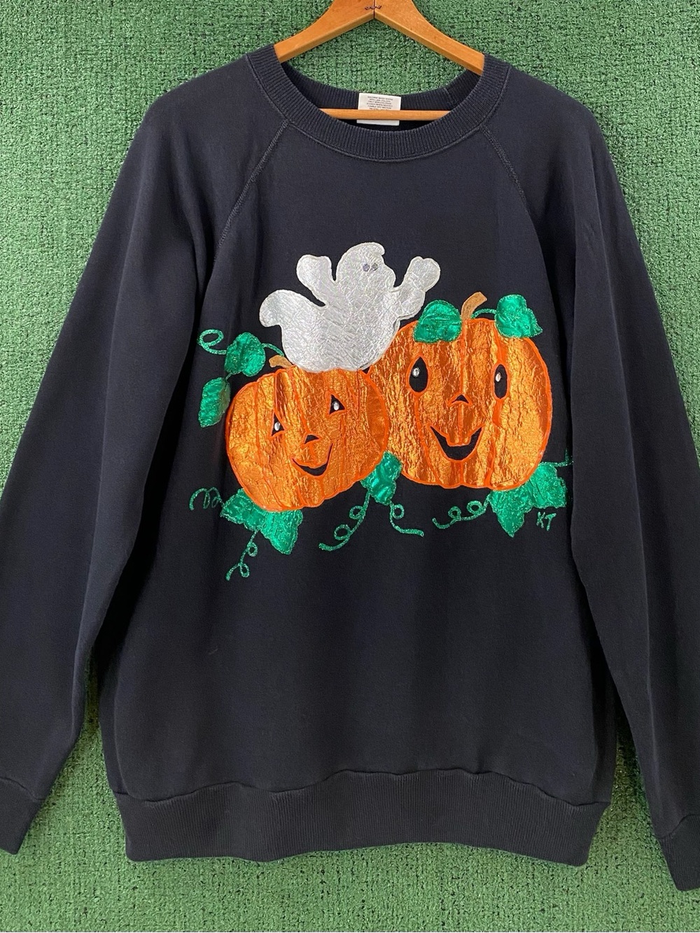 VTG 90’s Handmade Halloween Metallic Pumpkin Ghost Appliqué Sweatshirt Womens XL